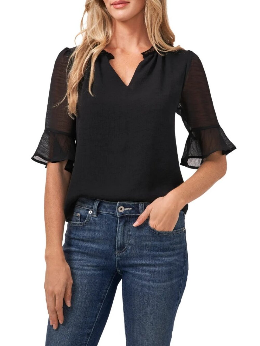 CeCe Black Blouse Ruffled Neckline Trumpet  Sleeve Lined Women's Size L